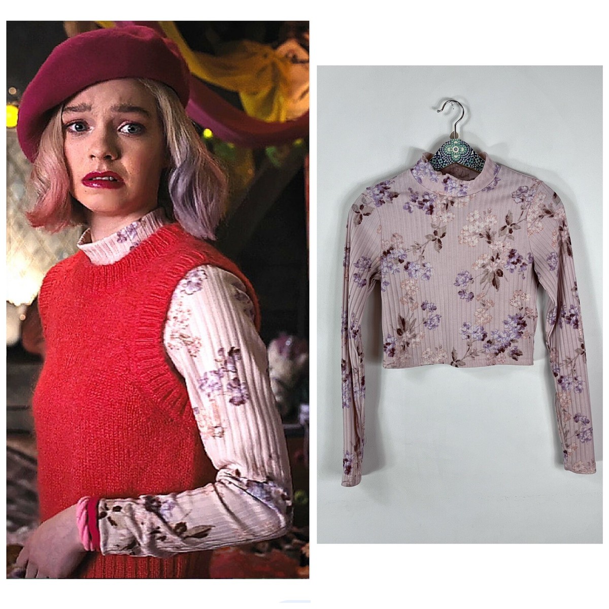 H&M Floral Ribbed Cropped Mock Neck Top Small ASO Enid