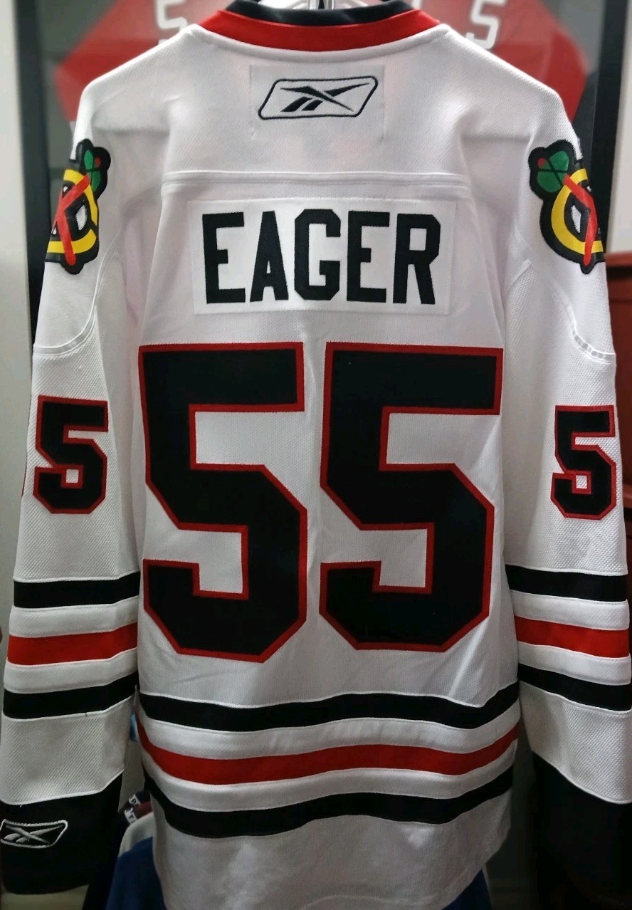 VINTAGE #55 Ben EAGER Chicago BLACKHAWKS Off. Lic. REEBOK Jersey, Size Men's L