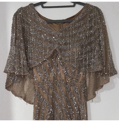 Brown Sequin Beaded Mesh Maxi Dress Cape Sleeve Round Neck Formal Gown