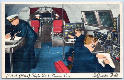 Postcard PAA B314 Flight Deck Showing Crew LaGuardia Field NY Clipper C204