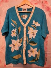 Storybook Strick Cardigan Blumen bestickt Kurzarm Vintage Türkis L