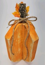 Large Rustic Wooden Pumpkin 13 Orange Fall Harvest Farmhouse Decor Twine Stem