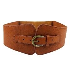 Women Brown Wide Faux Leather Belt Flower Elastic Stretch Corset Cinch Waistband