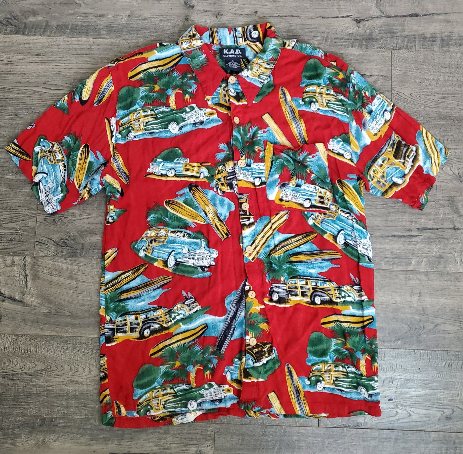 KAD Clothing Co. Hawaiian Camp Shirt Mens X-Large Old School Car Surf