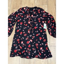 Kensie Black Red Floral Chiffon Ruffle Tie Neck Long Sleeve A-Line Dress Size L