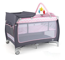 4 in 1 Pack and Play, Portable Baby Playard with Bassinet, Side Zipper Door, Cha