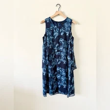 H by Halston Sleeveless Sheath Dress with Overlay in Blue Floral - Size 10