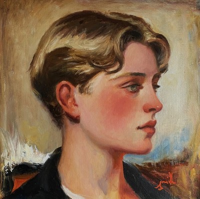 Original Ölgemälde Vintage Stil Blondhaariger Junger Mann Portrait. Gerahmt.