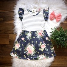 Wellington Designs Girls Antique Stripes  Floral Dress, Sz 5/6 NWT