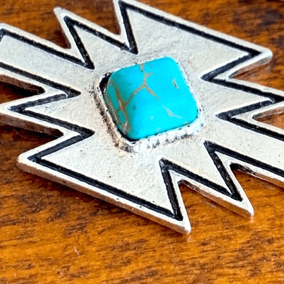 Pendientes colgantes unisex turquesa y plata Southwest se encuentra con estilo geométrico azteca Foto 2 de 4