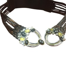 Braided Leather Belt with Stone Embellished Buckle Statement Fashion