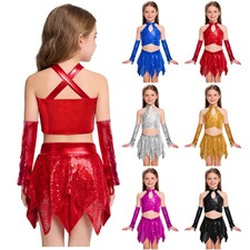 Kids Girls Dance Skirt Set Dancing Outfits 2 Piece Dancewear Sparkly Jazz Disco