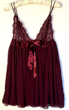 Victoria s Secret L Babydoll Chemise Chiffon Pleats Lingerie Wine Fairy Coquette