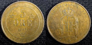 SWEDEN Oscar II (1872-1907) Bronze 1897 5 ORE Mintage-570,000 UNC KM# 736 (967)
