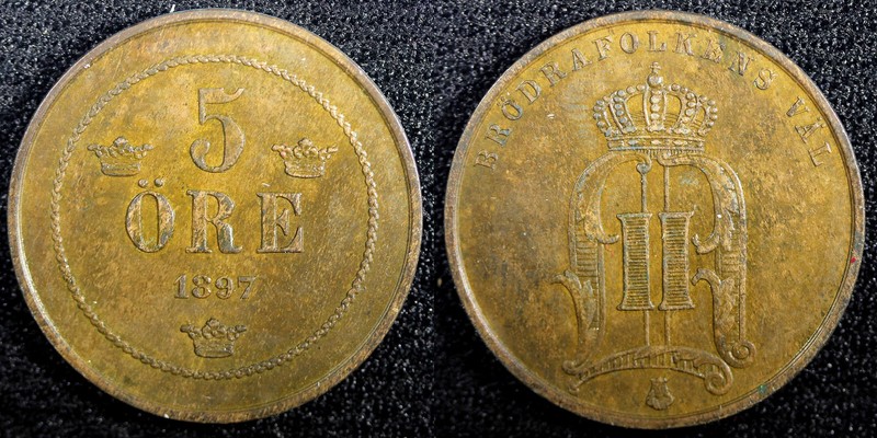 SWEDEN Oscar II (1872-1907) Bronze 1897 5 ORE Mintage-570,000 UNC KM# 736 (967)