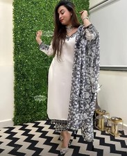 White Embroidered Kurti with Grey Floral Dupatta V-Neck Design Long Sleeves