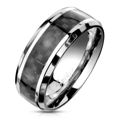 BAGUE ANNEAU POUR HOMME ACIER RUBAN FIBRE DE CARBONE NOIRE ARGENT