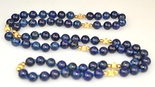 8 MM GENUINE LAPIS 31" LONG NECKLACE WITH 14K YELLOW GOLD 5.3 MM RIDGED BEADS