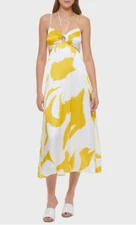 NWT DKNY print halter dress in White/Pop yellow  Long Maxi sz 4 Ret 149