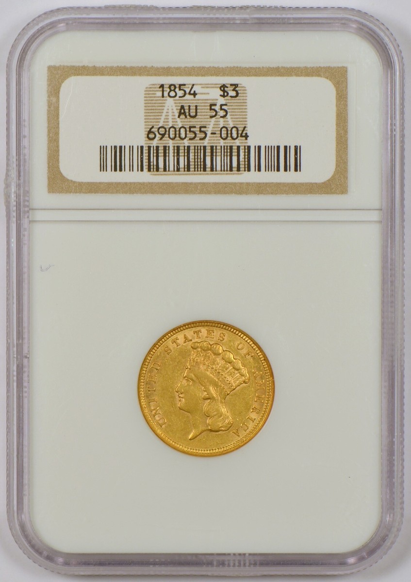 1854 United States $3 Gold Coin, Philadelphia Mint, Graded