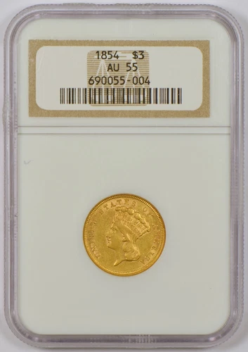 1854 United States $3 Gold Coin, Philadelphia Mint, Graded AU55 by NGC
