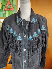 Bob Mackie Wearable Art Black Leather Suede Fringe Western Jacket Women's L #591