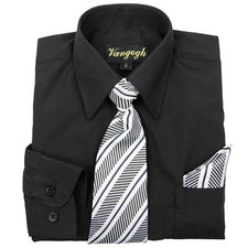 Boys Black Dress Shirt V2000 with Matching Tie  Hankie Long Sleeves 4 to 20