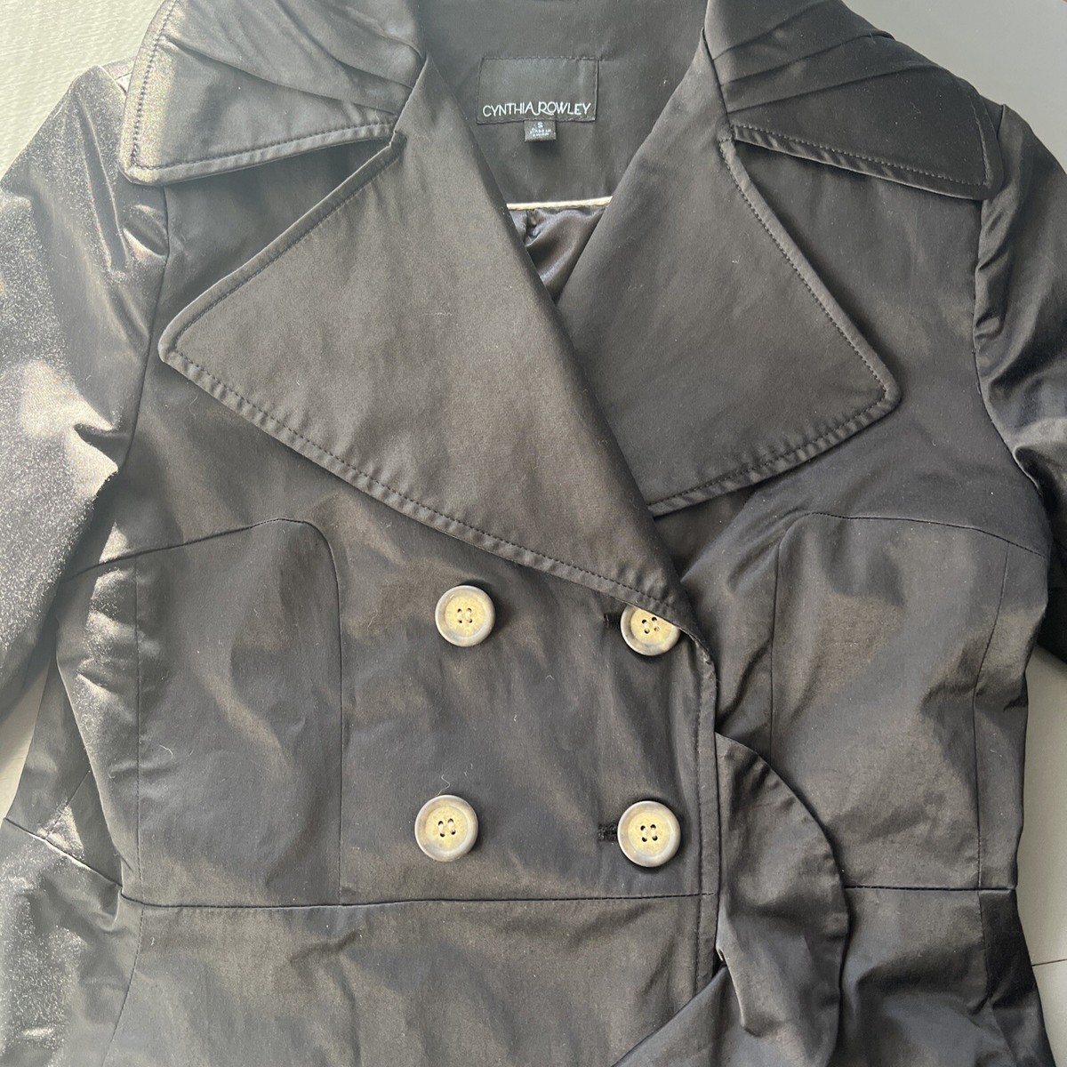 Cynthia Rowley Black Peplum Ruffle Lined Rain Jacket TrenchCoat 