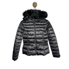 H&m Divided Black Puffer Jacket Full Zip Womens Size 12 Removable Fur
