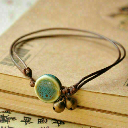 Retro Bell Charm Women Men Anklet Bracelet Ceramic Beads Weave Rope Foot Chain - Picture 16 of 18
