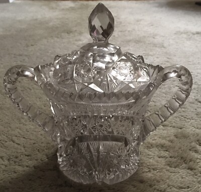 Cut Glass Bowl with Handles and Lid. 8  x 10 