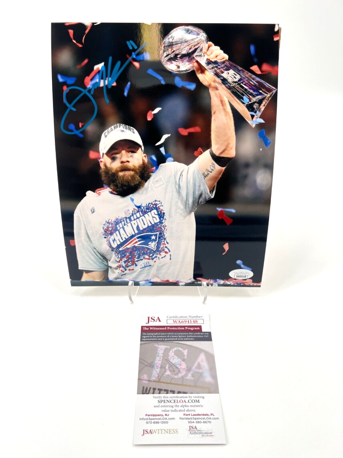 Julian Edelman Autographed Signed New England Patriots 8X10 PHOTO JSA WITNESS COA W/TROPHY 