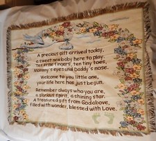 Baby Tapestry Throw Blanket Newborn Poem Fringe Floral w Stork Footprints Shower