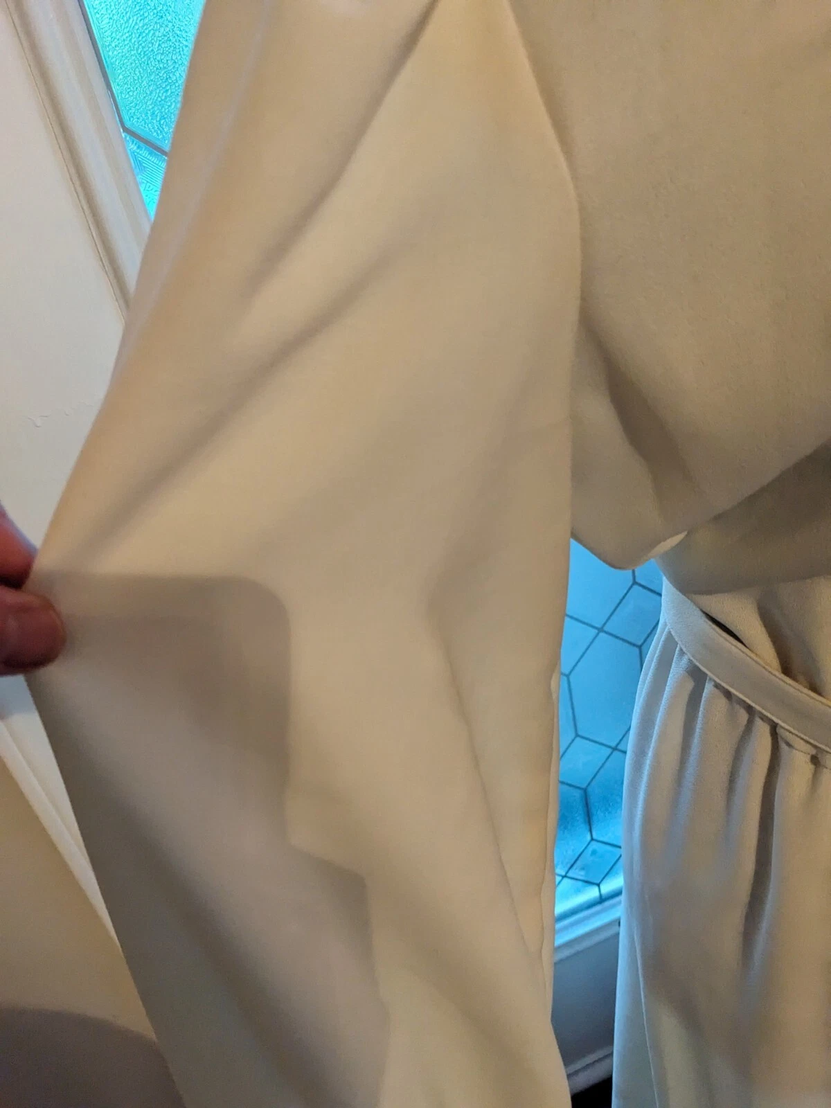 OFF WHITE Abito donna vintage taglia 8 bianco sporco manica lunga poliestere con pizzo e cintura di