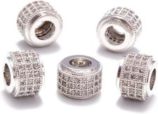 AD Beads Zircon Pave Small, 5 Pcs Clear on Silver 3 Row Rondelle 6x7mm 