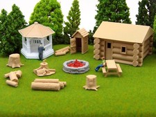 11 pc Scenery HO Scale 3D Model Railroad Train Gazebo, Log Cabin, Outhouse