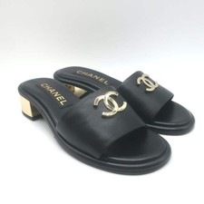 Chanel 23K CC Gold-Heel Slide Sandals Black L...