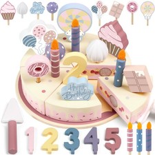 Wooden Birthday Party Cake Play Food Sets for Toddler 2 3 4 child-size, Pink