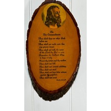 Vintage Jesus Ten Commandments Live Edge Bark Wood Slab Wall Plaque Vermont