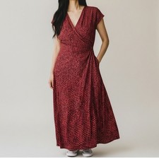 T Tahari Maxi Dress Womens 12 Red Black Faux Wrap Ruched V-Neck Stretch Jersey