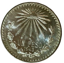 💥 1943 MEXICO 1 PESO, BU💥 SILVER COIN, SALE FOR ONE COIN