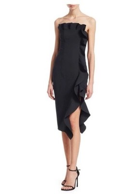 NWT CINQ À SEPT Selma Strapless Ruffle Sheath Dress In Black Size 6