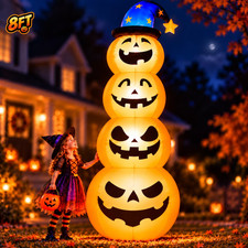 8Ft Halloween Inflatable, Stacked Pumpkins with Witch Hat and Built-In LED Light