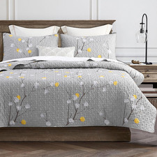 Quilt Set California King Size 3Pcs,Grey Branch with Dot Pattern,Soft Microfiber
