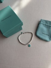 Tiffany  Co. Blue Heart Tag Bead Bracelet  7.5 Inches 