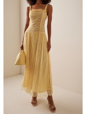 Ulla Johnson Florelle Ruched French Chantilly Lace Maxi Dress in Pale Yellow