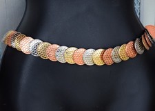 Vintage Tri-Colored Hammered Circles Elastic Waist Stretch Belt Round Medallions