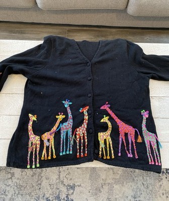 Michael Simon Vtg Giraffe Sequins Appliqué Black Cardigan Sweater 1X Art To Wear