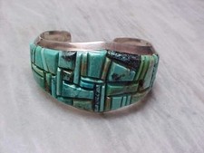 NAVAJO EDISON YAZZIE COBBLESTONE TURQUOISE STERLING INLAY ESTATE BRACELET-NR