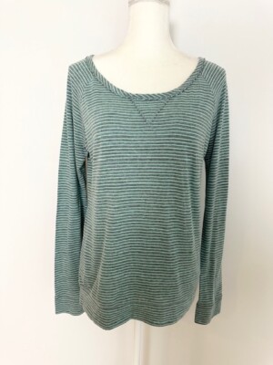 Mossimo Womens Shirt Size L Gray Teal Blue Striped Scoop Neck Long Sleeves